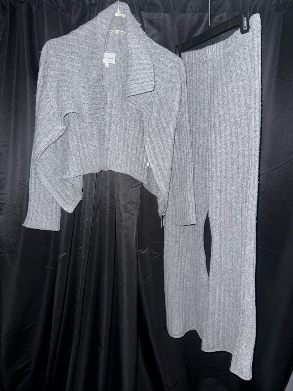 Pink Rose Gray Ribbed Knit Sweater Set
